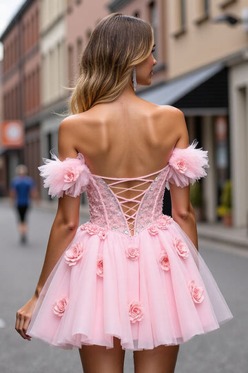 Corset Off The Shoulder Blush Homecoming Dress with 3D Flowers
